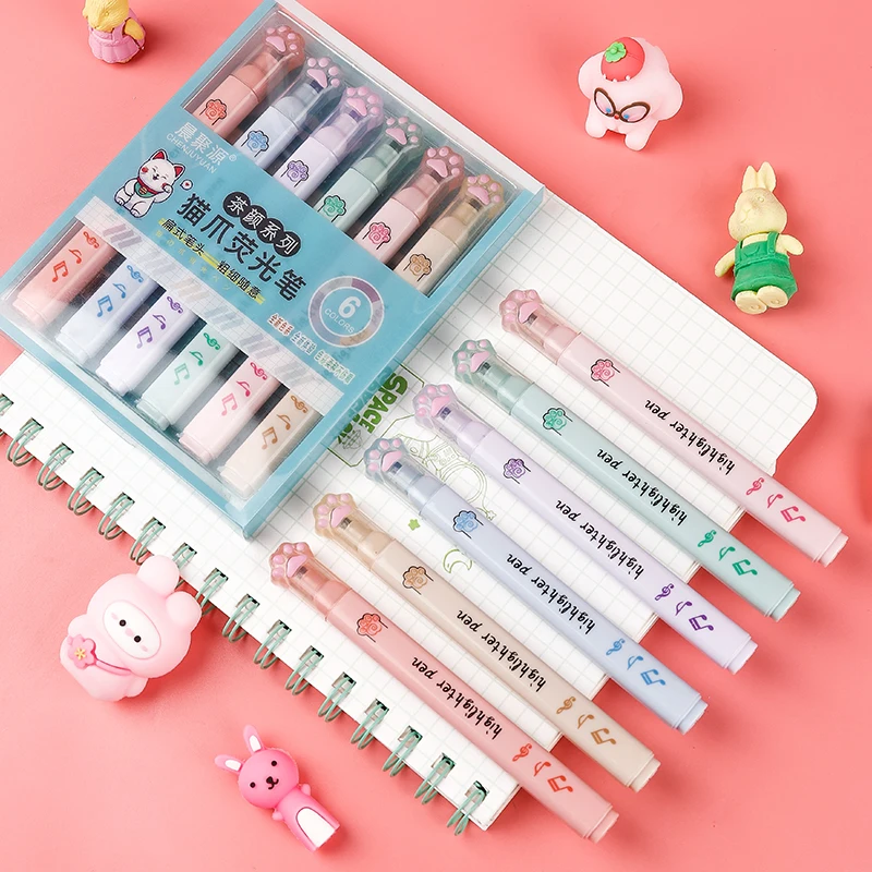 6 unids/pack Kawaii gato garra - Pastel Highlighter Set Double Ended reseña y precio
